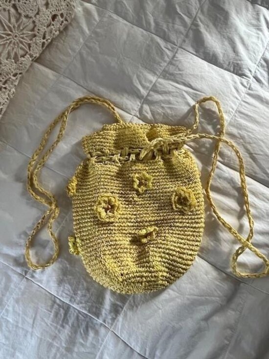 Source Unknown Handbags - Hand Woven Yellow Drawstring Shoulder Purse w/Flowers Attached/Never Used